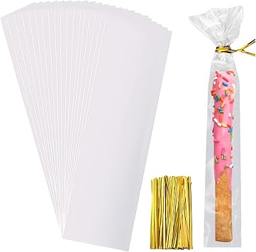 Searik 200 Pcs Pretzel Rod Bags 2x10 Inches, Small Clear Individual Plastic Cello Cellophane Treat Bags with Twist Ties for Chocolate Candies Cookies Candy Packaging Wrapping Gift Giving Party Favors