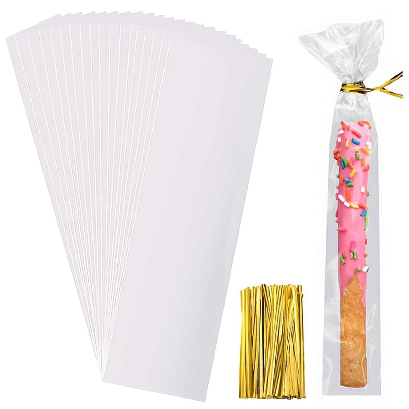 Searik 200 Pcs Pretzel Rod Bags 2x10 Inches, Small Clear Individual Plastic Cello Cellophane Treat Bags with Twist Ties for Chocolate Candies Cookies