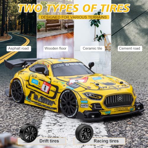 Image of RC Drift Car,1:24 4WD High Speed Electric Remote Control Car with LED Lights,Drifting Tires,2 Batteries,Dual Mode Tires,Hobby Racing Toy Car for Adults & Kids (3-Yellow)