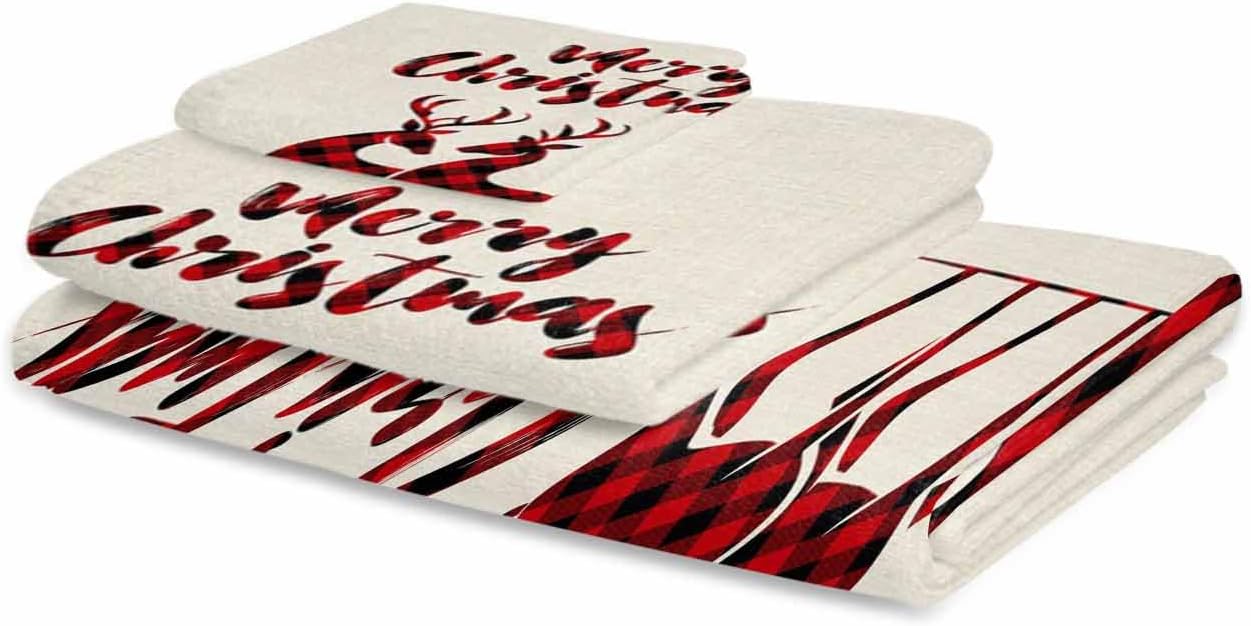 Merry Christmas 3 Piece Bath Towels Set, Beige Xmas Elk Seasonal Winter Holiday Soft & Absorbent Towels for Bathroom, Hotel (1 Bath Towel 30x60, 1 Hand Towel 16x28, 1 Washcloth 13x13)