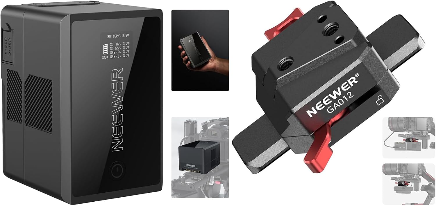 Neewer V Mount Battery PS150E Supports 100W PD USB C Fast Charging, 10350mAh 150Wh 14.54V, with D Tap/USB C/USB A/BP/Dual DC Ports/OLED Screen, Mini V Mount Battery Plate Included