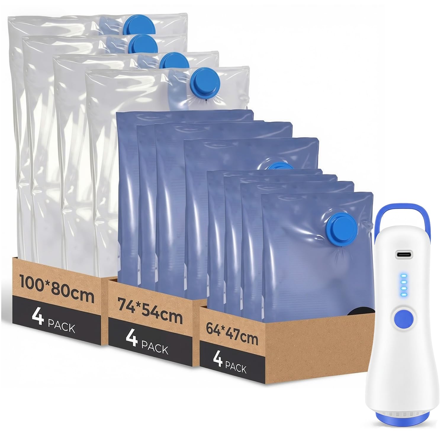 Paquete de 12 bolsas de almacenamiento al vacío (4 de 100 x 80 cm, 4 de 74 x 54 cm y 4 de 64 x 47 cm) con bomba eléctrica y doble cremallera, impermeables y herméticas.