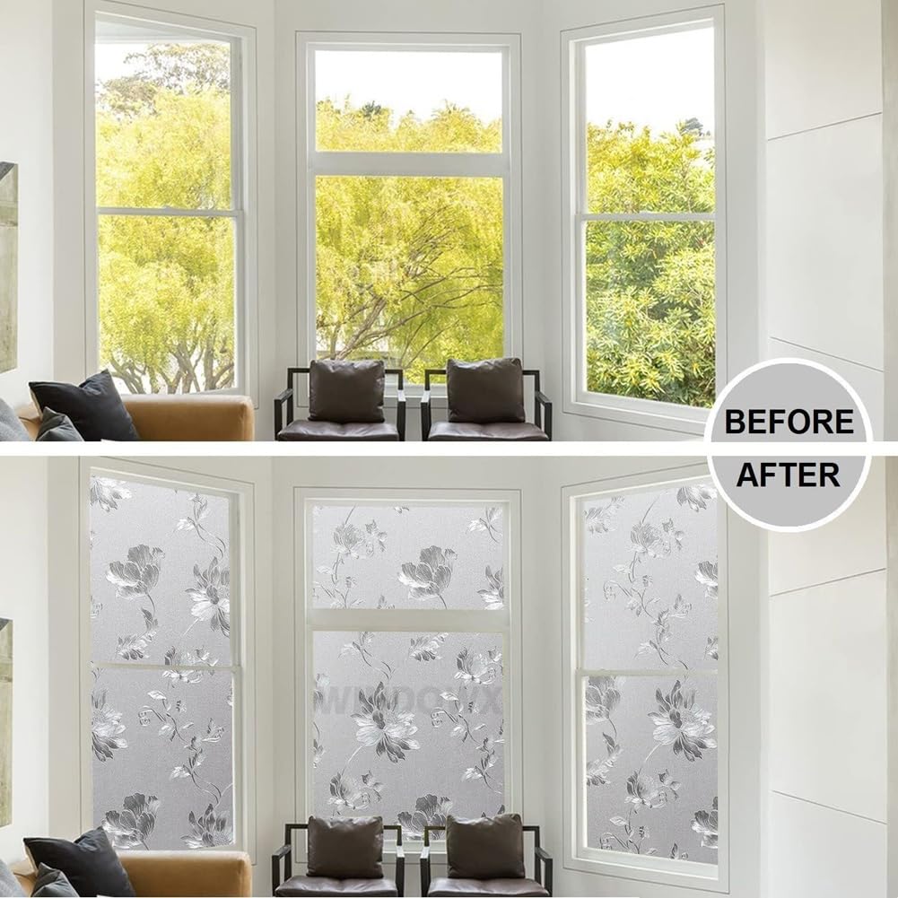 Premium Vinyl Privacy Stained Frosted Window Glass Film (12x60 Inch) - Self-Adhesive Wallpaper Film Opaque Tint Cling for Glass Cover Window, Door, Office, Home.| Anti-UV. Frosted Flowers — Amazon image 4