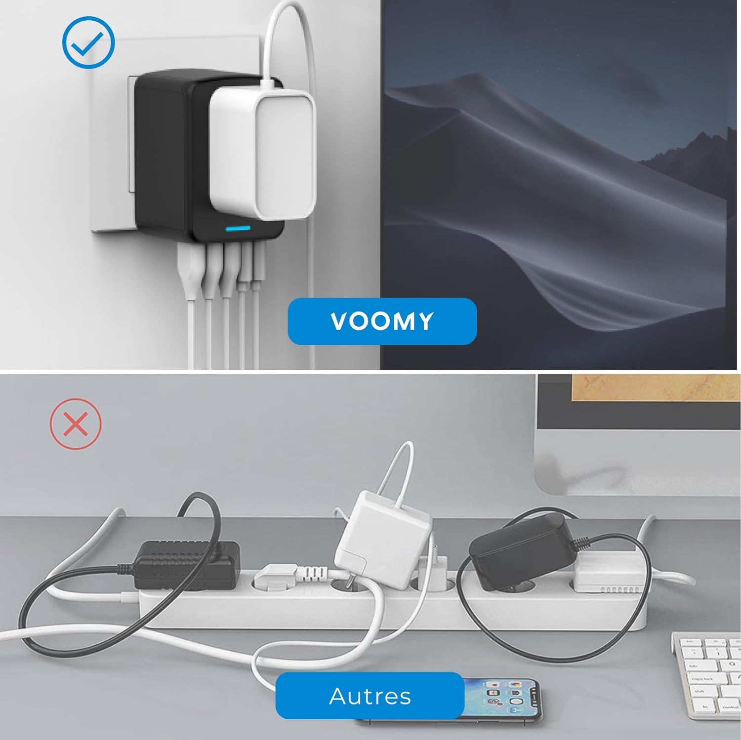 Comparison showing an organized charging setup using the compact VOOMY adapter directly in a wall outlet versus a messy setup with multiple bulky adapters on a power strip.