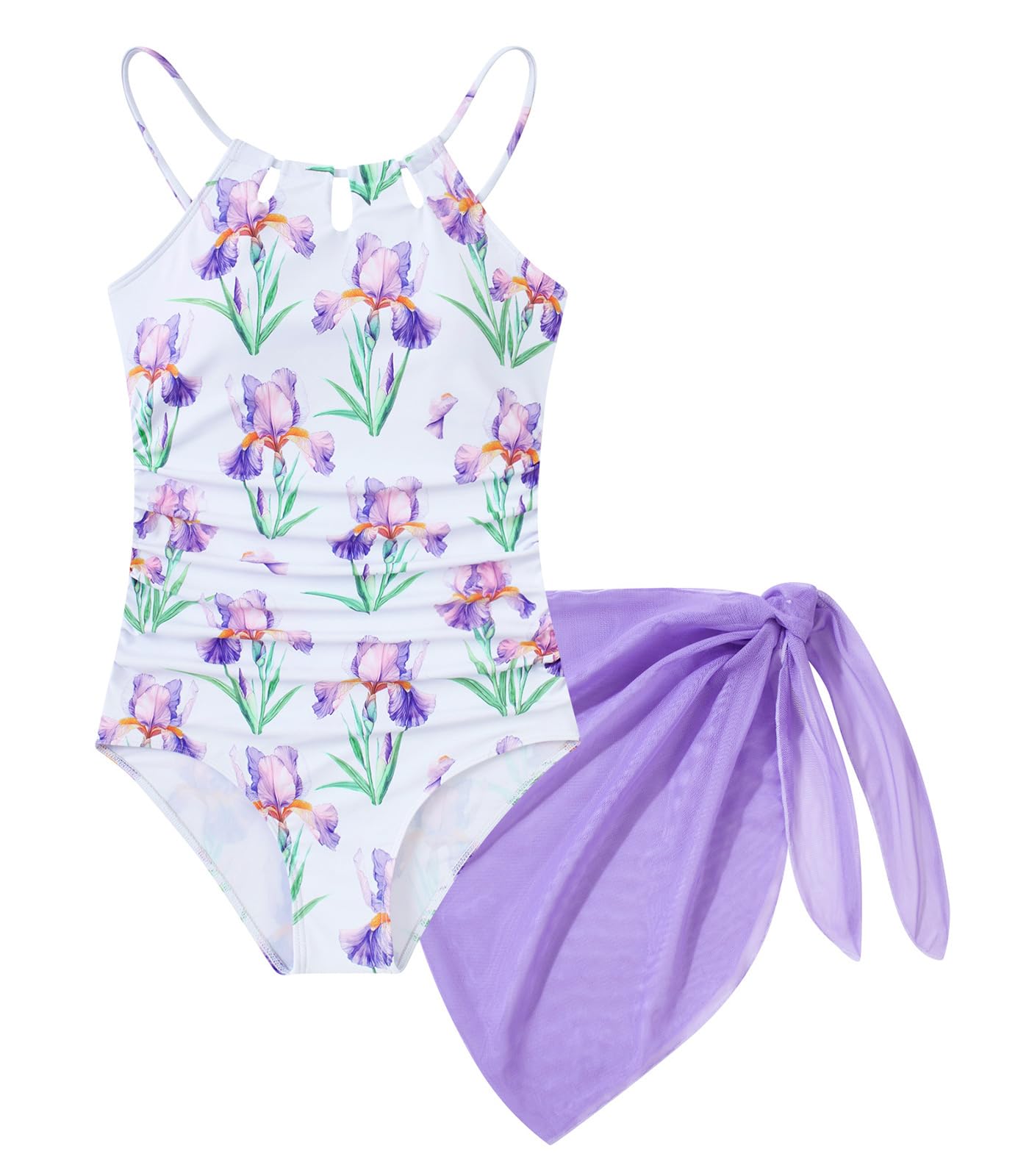 Girls One-Piece Swimsuit Bathing Suit with Cover Ups Size 7-16 | Adjustable spaghetti straps,Cut-out design, Removable chest pads, Swimwear for the beach, swimming pool, Hawaiian vacation
