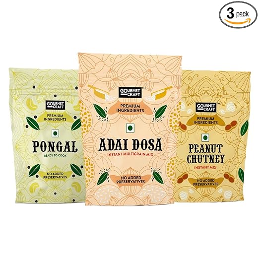 Gourmet Craft Instant Mix Multigrain Adai Dosa, Ready To Cook Pongal Mix and Peanut Shengdana Chutney Mix, 650 gm (Combo Pack)