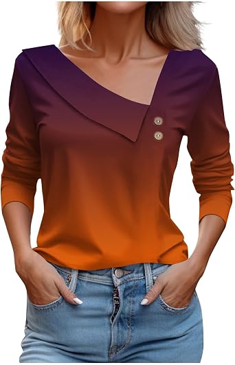 Fall Tops for Women 2024 Trendy Casual Long Sleeve Asymmetric V Neck Button Blouses Dressy Woman Shirts Clothing