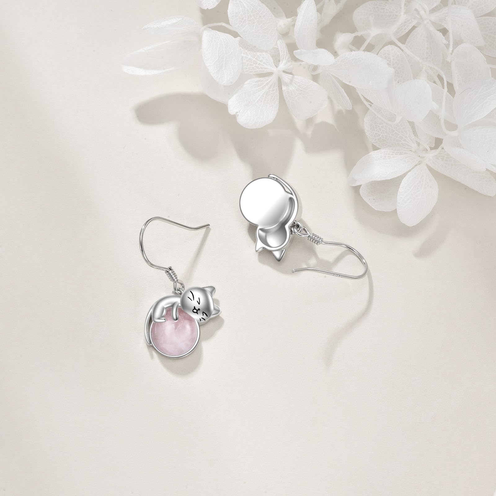 Vadmans Katze Koala Ohrringe Sterling Silber Rosenquarz Mondstein Perlenschmuck Geschenke für Damen Frauen