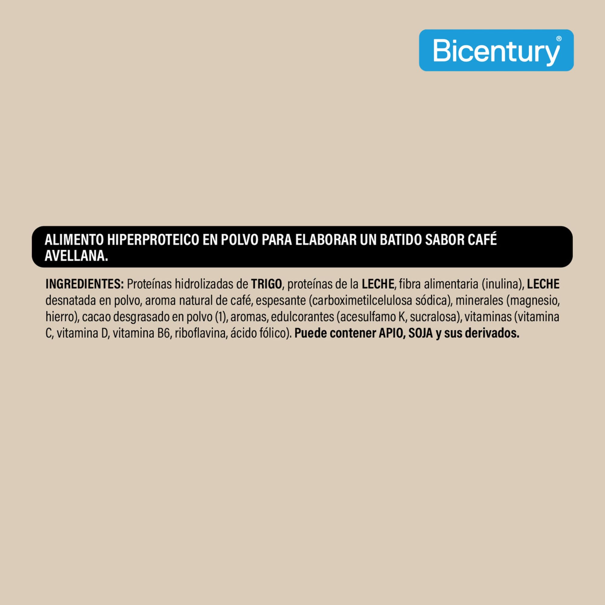 Bicentury Proteína en polvo Moka & Avellana, 20g proteína por porción, Sin Azúcares Añadidos, 340g