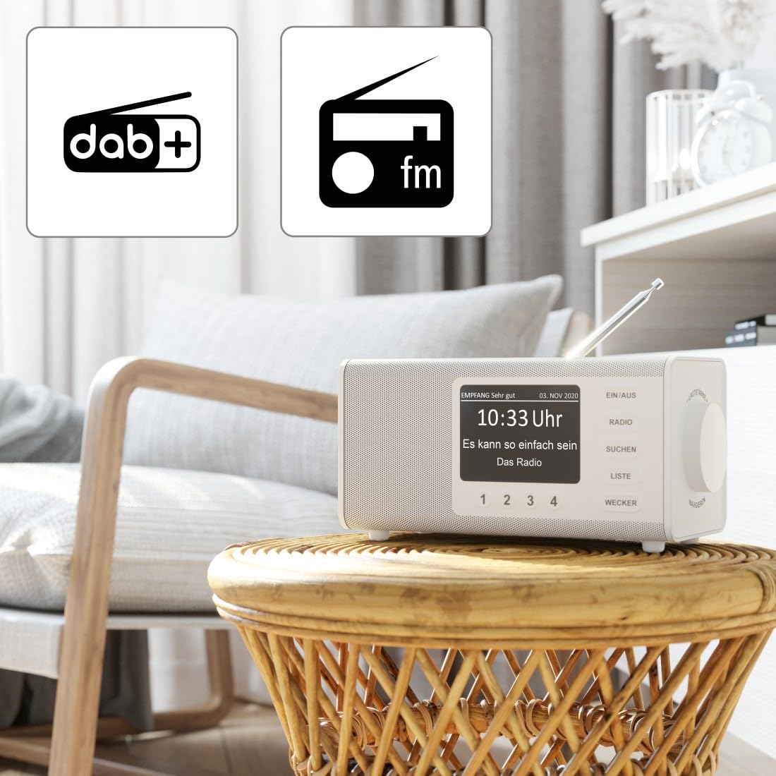 Hama Radio DAB+ i FM DR1000DE - Cyfrowe Radio Kuchenne z Dużym Wyświetlaczem, Łatwą Obsługą i Dużymi Przyciskami (UKW, AUX, 5 W, Radiobudzik, Dla Seniorów), Białe