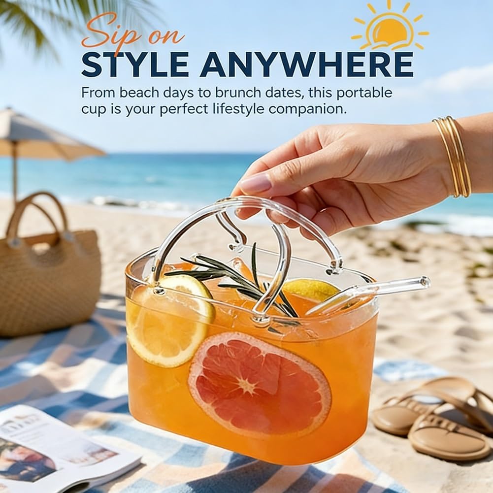 Glass Purse for Drinks with Straw Purse Drinking Glass Unique Wine Glasses with Straw Decorative Fish Bowl Vase Handbag Vases Cup Cute Room Decor for Fruit Juice Tea Coffee Flower