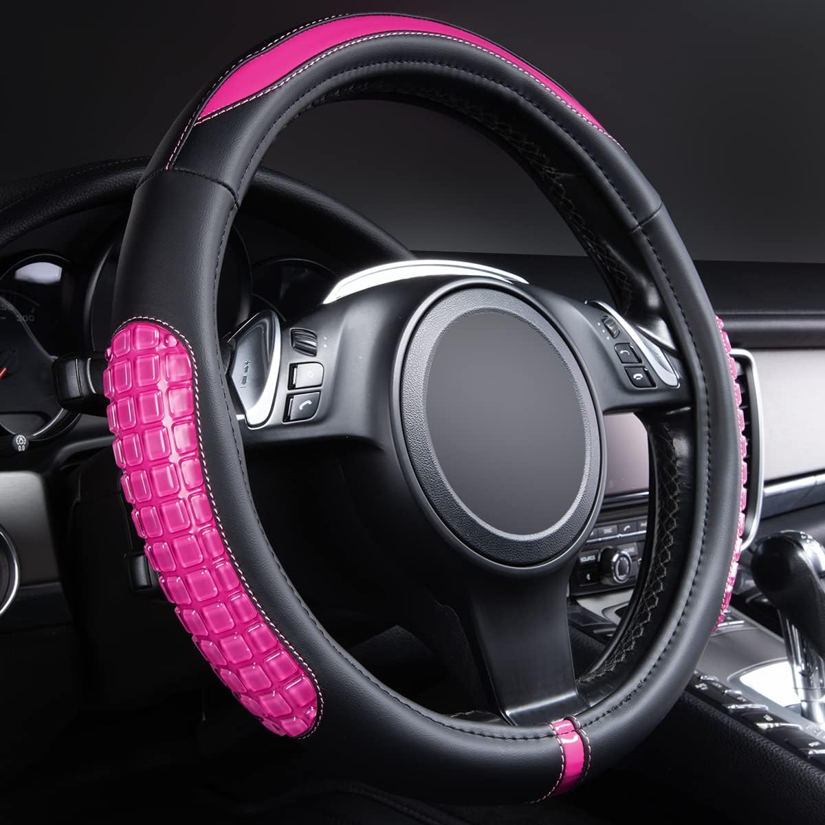 Flying Banner car Steering Wheel Cover Gel Massage Velvet Cool Warm Universal Size 15 inches SUV Truck Anti Slip Odorless Summer Winter (Black Pink, Gel Massage) - Image 3