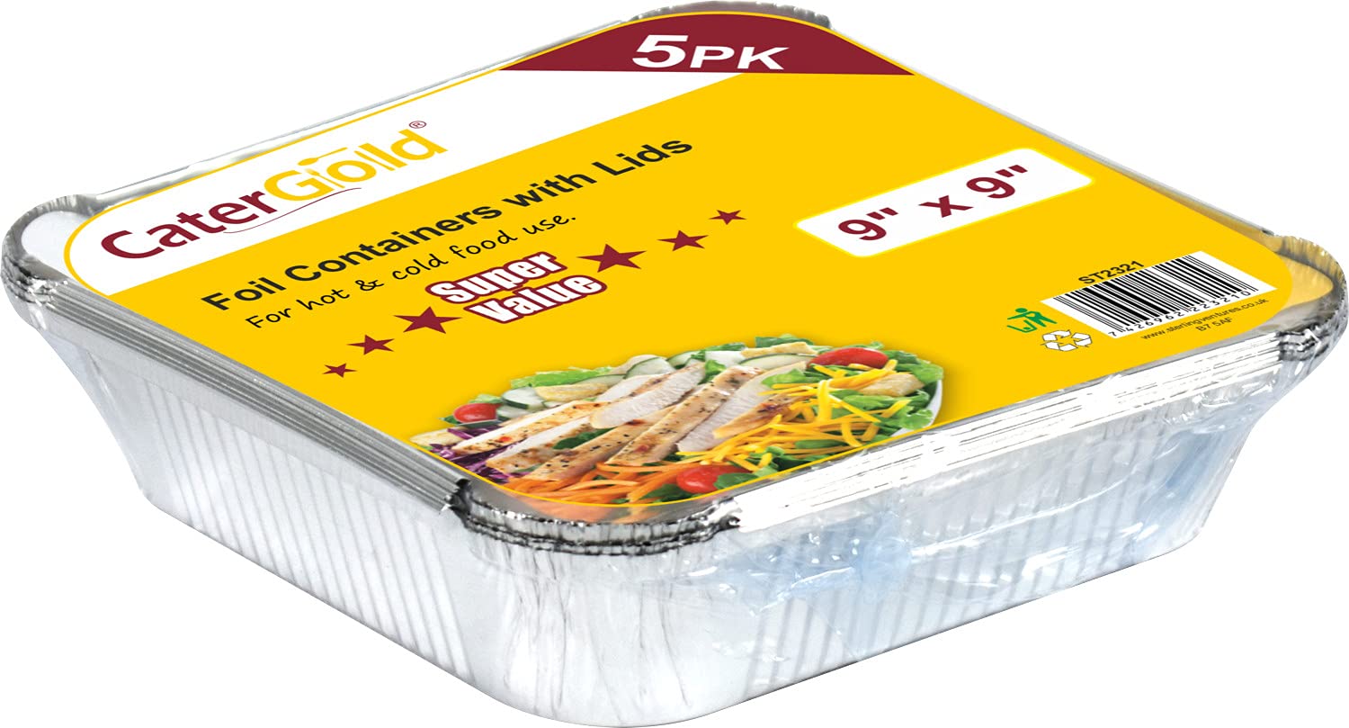 Catergold Aluminium Food Container with Lid Silver Foil Food Tray Disposable Reusable Aluminium Food Foil Roasting Tray (5Pcs Value Pack 9''x9'')
