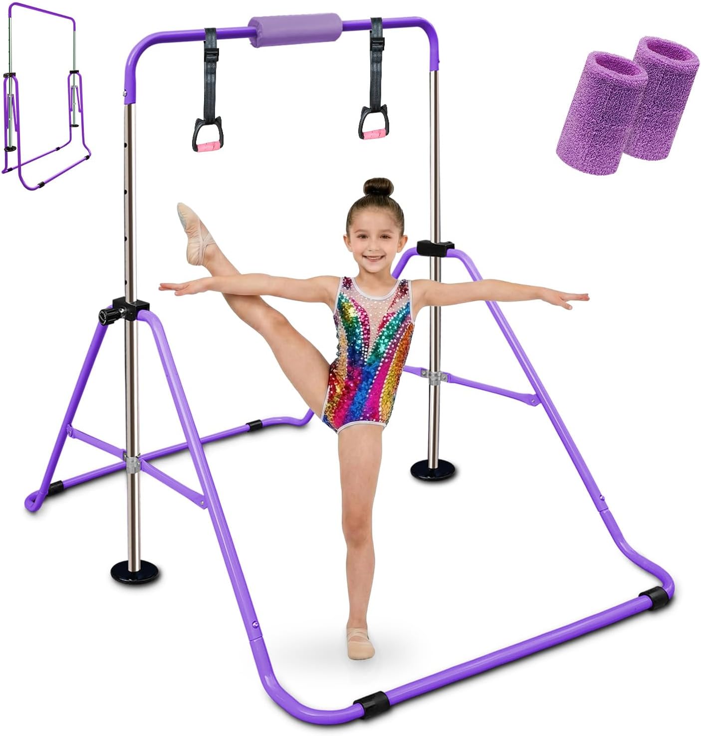 Triclicks Folding Gymnastics Bar for Kids, Adjustable Height Junior Training Kip Bar, Home Expandable Horizontal Gymnastic Monkey Bars Equipment for Child, Girls, Boys