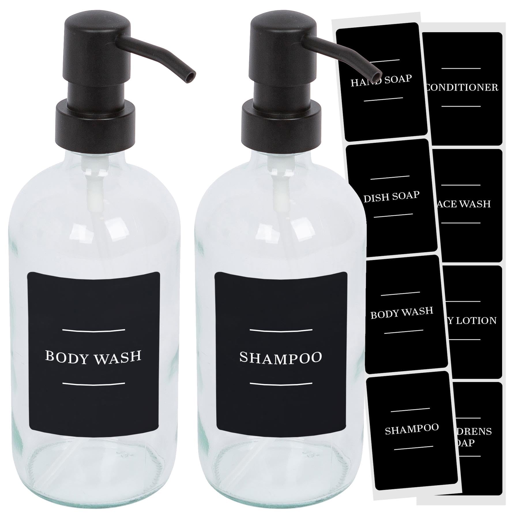 Harbour Housewares Glass Soap Dispensers with Labels Pack of 2-500ml Clear Refillable Bottles with Pumps and Black Labels - Bathroom and Kitchen Accessories for Hand Wash, Lotion or Sanitiser