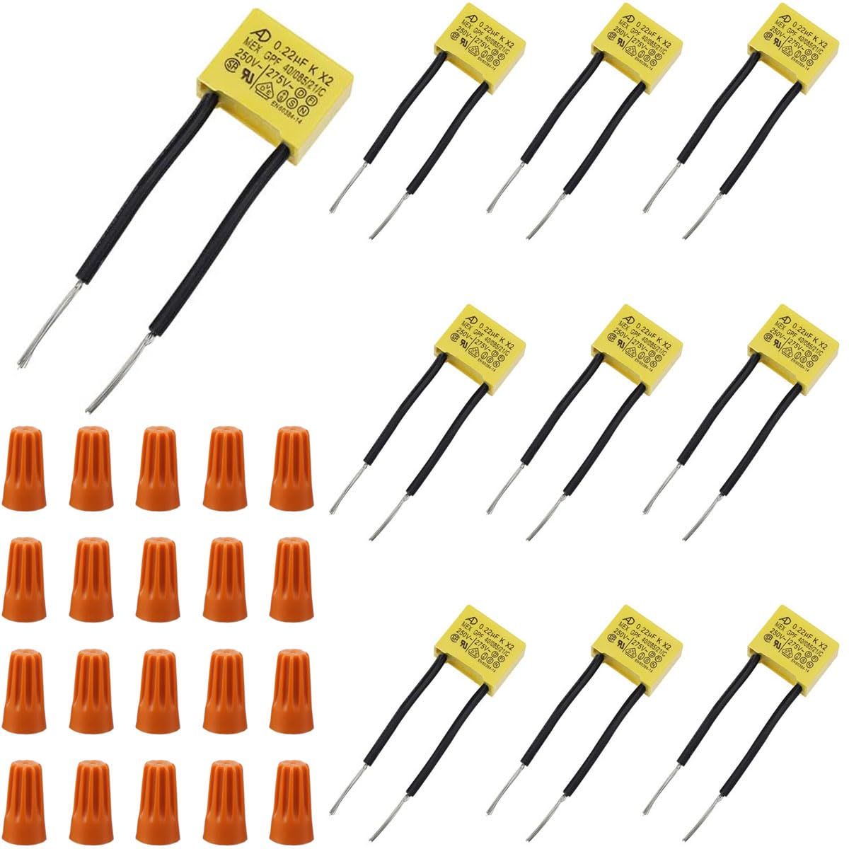 10 Pcs LED Capacitor Fits for LED Light Switch, 0.22uf 275VAC X2 MKP Polypropylene Film Safety Capacitors for LED Lighting Lamp Removal Interference, with Wiring Connector