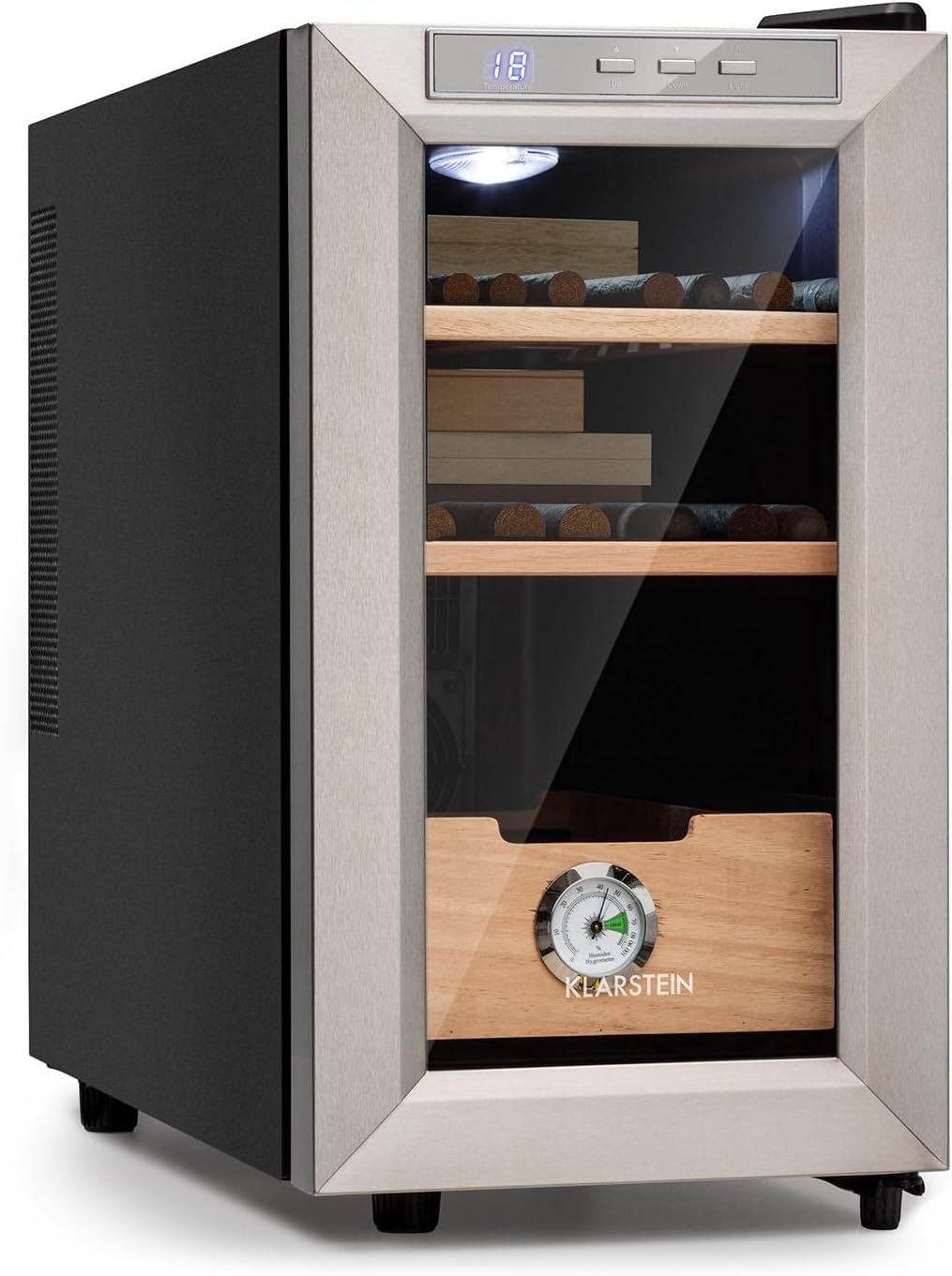 El Presidente Cigar Humidor - thermoelectric humidor cabinet with glass door, humidor humidifier with cedar wood shelves, hygrometer, LED interior light, Silver, 23L