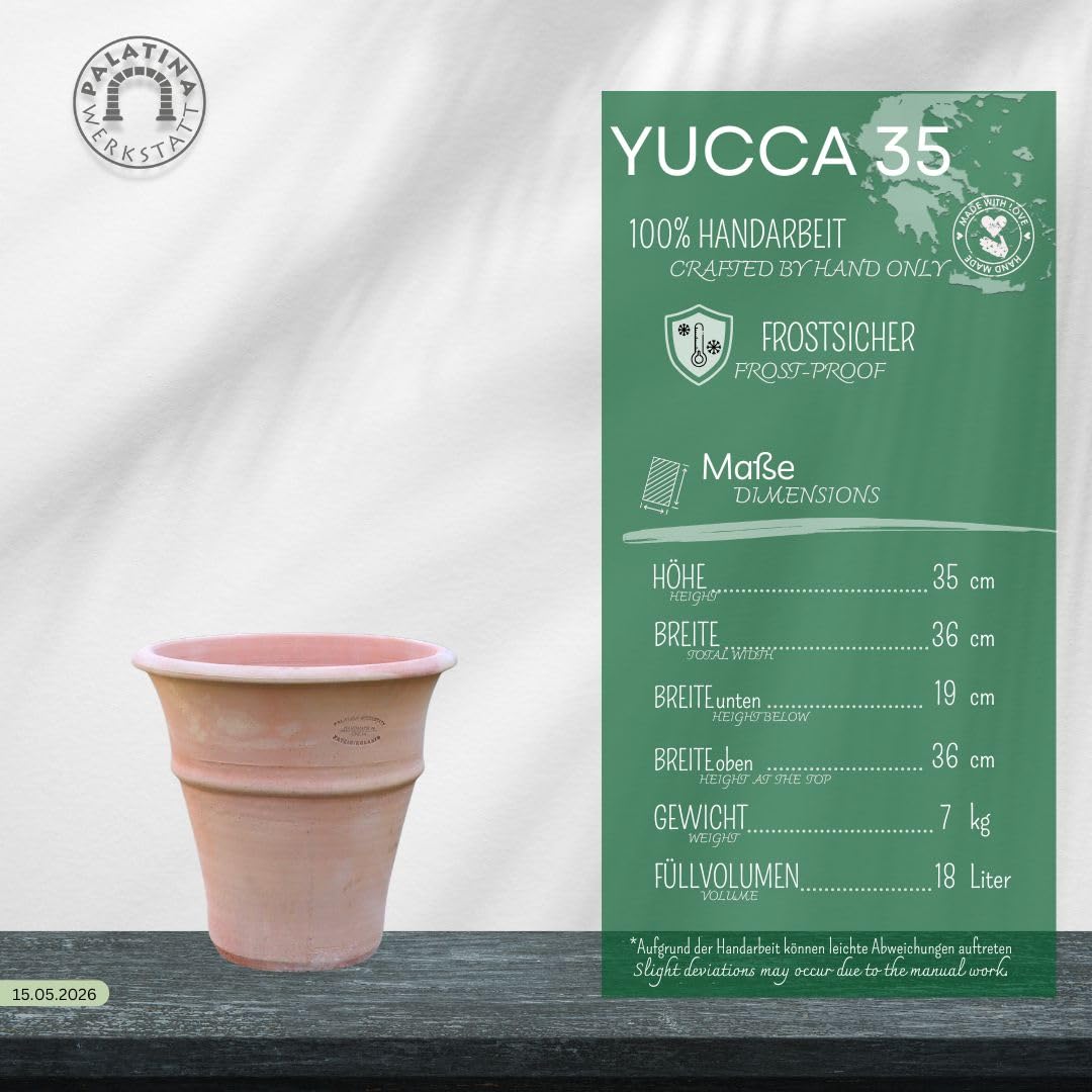 Palatina Werkstatt Doniczka z terakoty Yucca 35 cm – w 100% ręcznie wykonany unikat – udekoruj swój dom odporną na warunki zimowe donicą do użytku wewnątrz i na zewnątrz