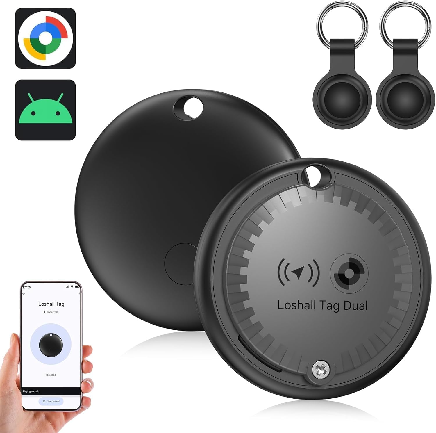 Android Smart Tracker Tag, Localizzatore Bluetooth Compatibile con Andriod, Air Tracker Tag Con Due Protezioni in Silicone Tracker per Chiavi, Bagagli, Borse, Zaini, Impermeabile (nero, 2 pcs)