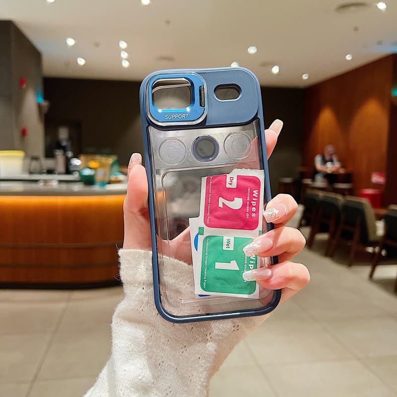 Image of Clear Case for iPhone Air | Metal Lens Protector & 180 Rotating Bracket | Shockproof Transparent Hard Back Cover with Soft TPU Frame - Navy Blue