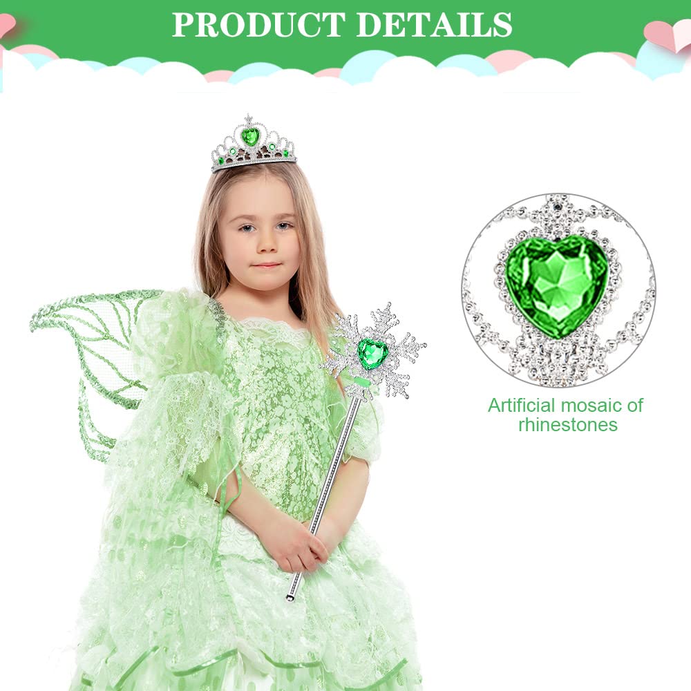 Vicloon 3PCS Nuovi Costumi da Principessa, Principessa Corona, Bastone da Neve Principessa, Collana di Flanella Nera con Pendente, Principessa Partito Costume Cosplay Vestire (Verde)