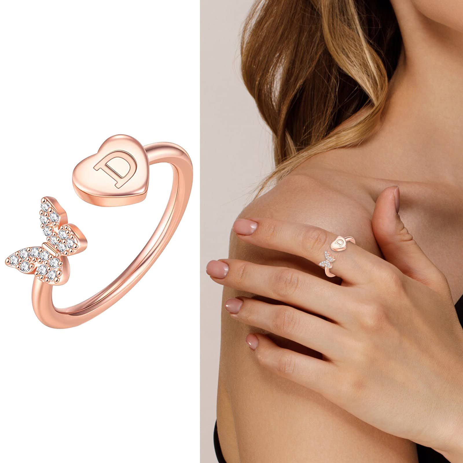 Adjustable Initial Ring For Women – Silver, Gold & Rose Gold Letter Rings, Stackable Dainty Jewelry, Fits Sizes 6–11, Hypoallergenic, Perfect Gift For Teens & Girls - View #3