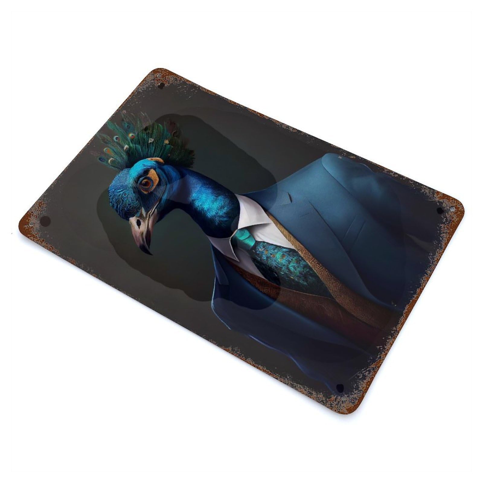 Garage Style Peacock Suit Aged Metal Wall Plaque 11.8"x7.9", Decorative Metal Wall Art for Bar And Workshop
