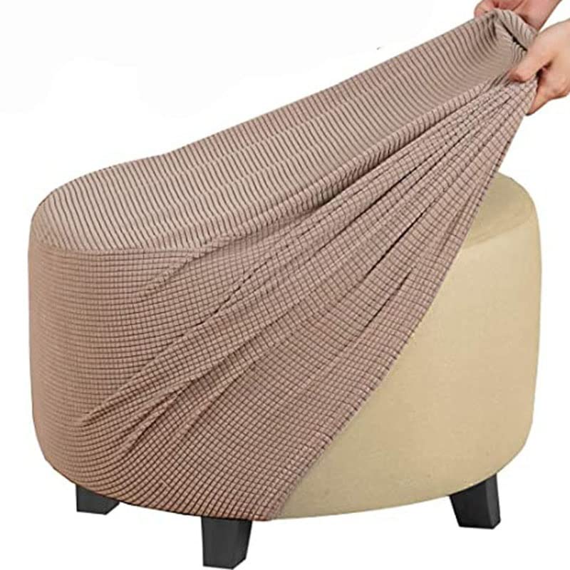 GUNDAN Round Footstool Cover Gray Stretch Ottoman Cover, Fabric Removable Large Stretch Pouffe Cover Anti-Slip Foot Stool Jacquard Slipcovers With Elastic Bottom, Machine Washable