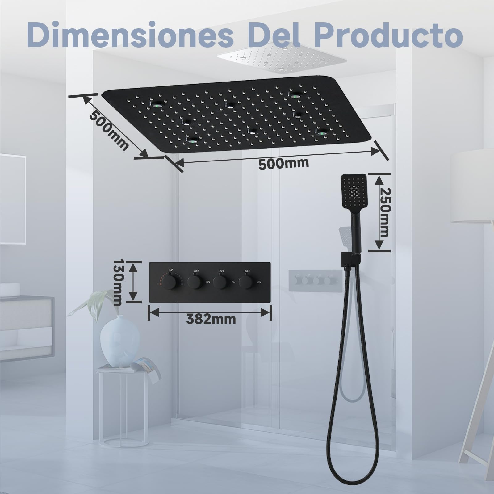 Columna Ducha,Sistema de ducha termostático de doble función,Rociador de ducha fijo de 500 x 500 mm (3 modos de chorro) y ducha de mano flexible (3 modos de chorro),Equipado con luz LED,Negro