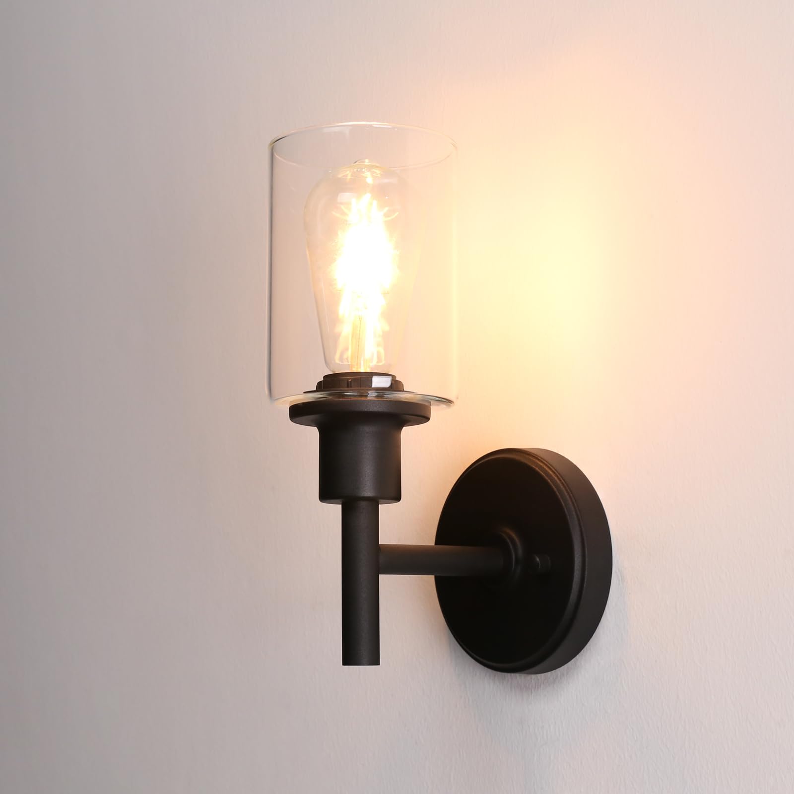Phansthy Black Retro Style Wall Lights Industrial Cylindrical Glass Lampshade Single Head Vintage Wall Sconces Indoor Light For Loft Bar Kitchen Lamp Bedroom Vanity Mirror E27 (Black)