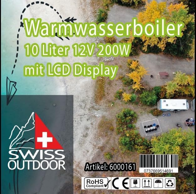 Swiss Outdoor S.O. Camper - Caldaia ad acqua calda, 10 litri, 12 V, 200 W, con display LCD, per roulotte, camper, per acqua calda
