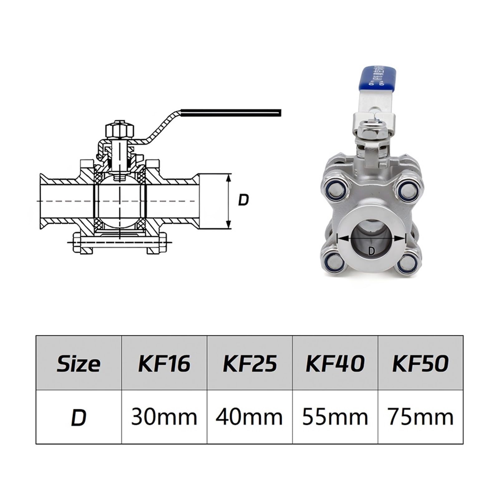 Válvula de bola sanitaria de alto vacío SUS304 KF16/KF25/KF40/KF50 Brida de instalación rápida Manual de tres piezas for sistema de vacío(KF16)