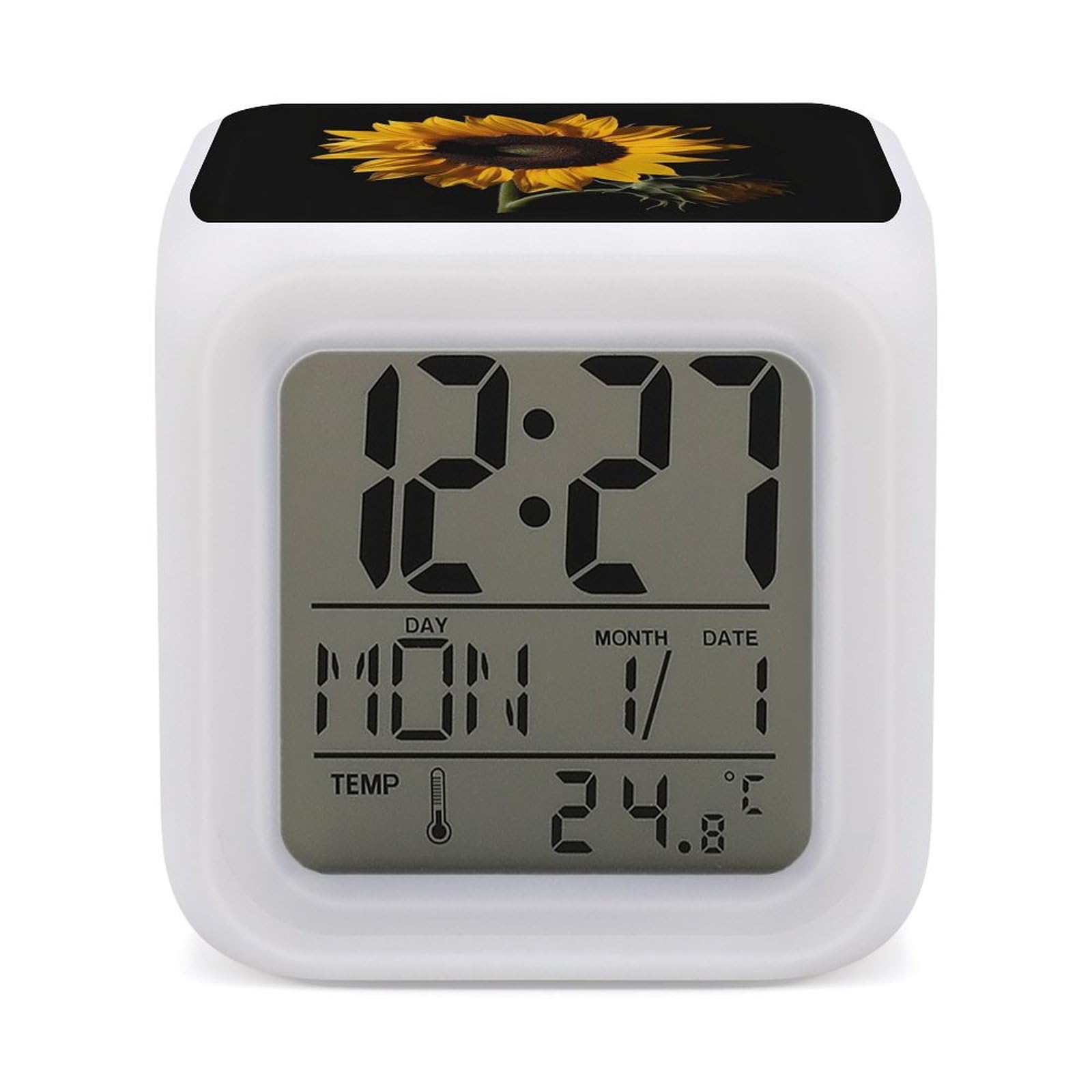 JTREHY 7 Color Changing LED Digital Alarm Clock,Sunflower Black Background Printed Wake-up Clock with Temperature Display Home Decoration Alarm Clock for Bedroom Office