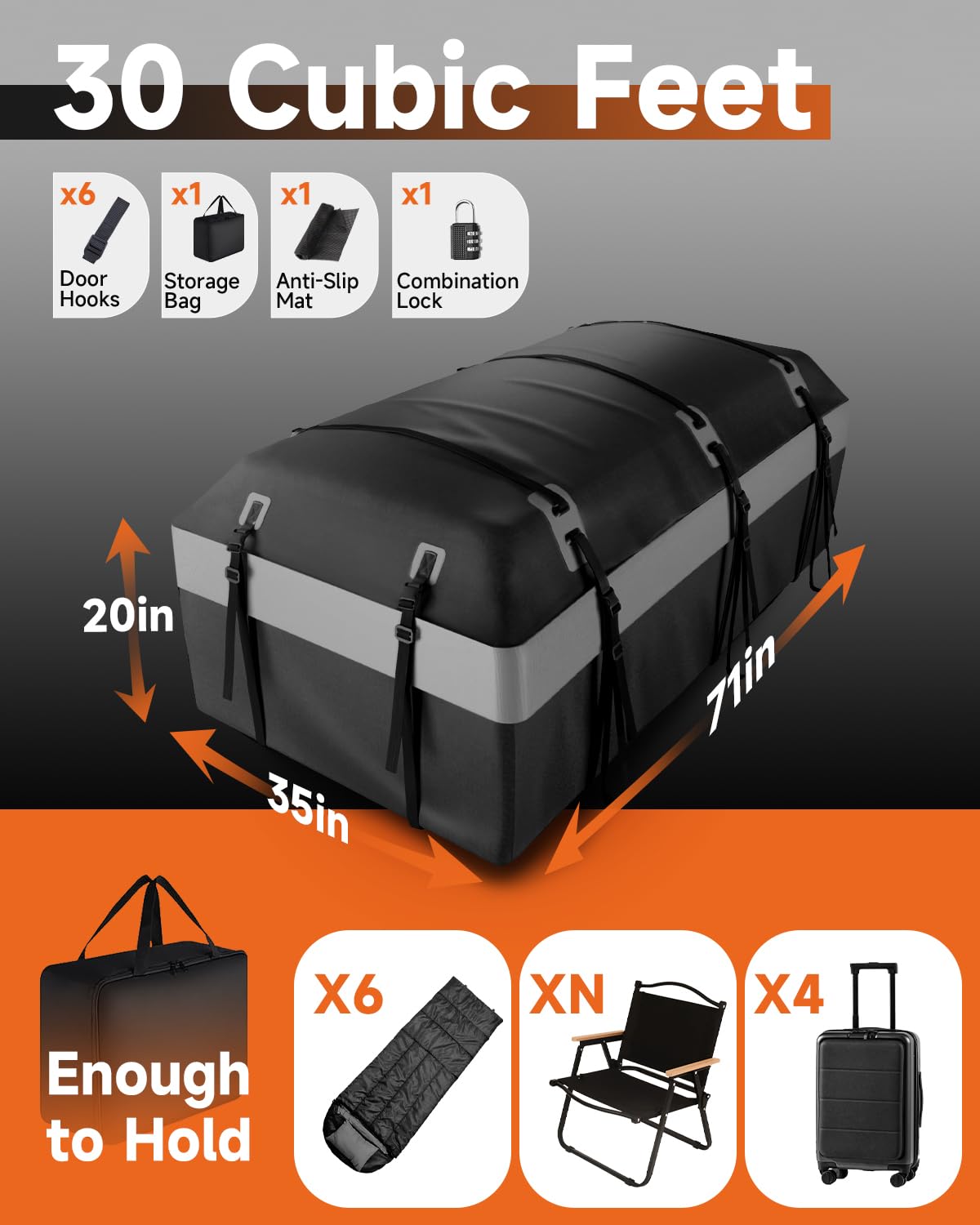 Car Rooftop Cargo Carrier Bag, 30 Cubic Feet Car Roof Soft-Shell Luggage Bag for All Vehicles with/Without Racks, Include Luggage Lock, 2 Reinforced Straps, 6 Door Hooks, Anti-Slip Mat (Grey)