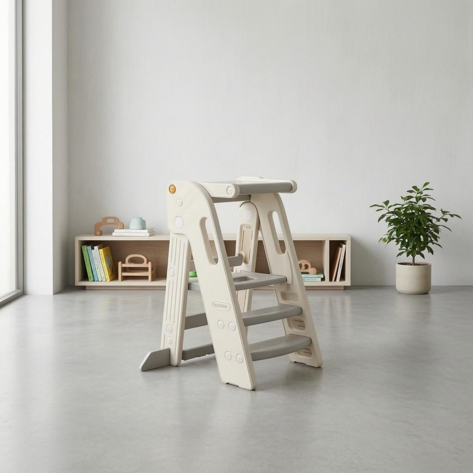Milageto Taburete Plegable Infantil Escalón Torre de Aprendizaje Banco Elevador con de HDPE Antideslizante Adecuado para Baño Fregadero y Cocina en Casa, Gris Elegante