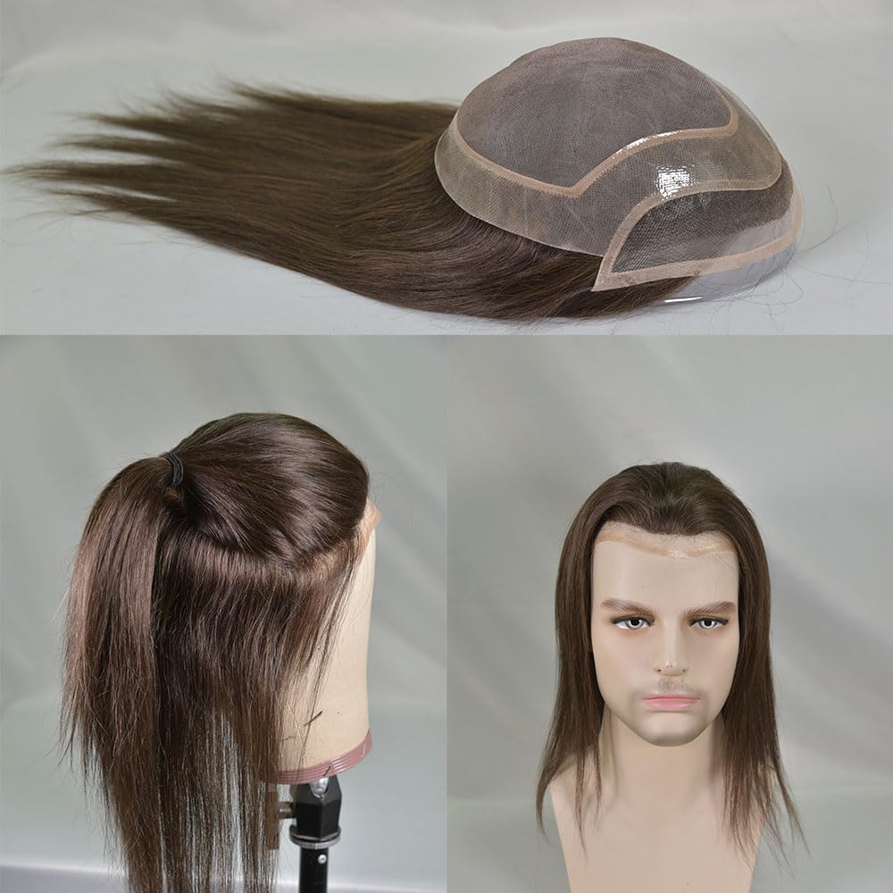 Tupé de pelo para hombres Tupé de cabello humano liso for hombres, pelucas encaje mono, postizo repuesto PU, 12 pulgadas Sistema de cabello para hombres(1b#)