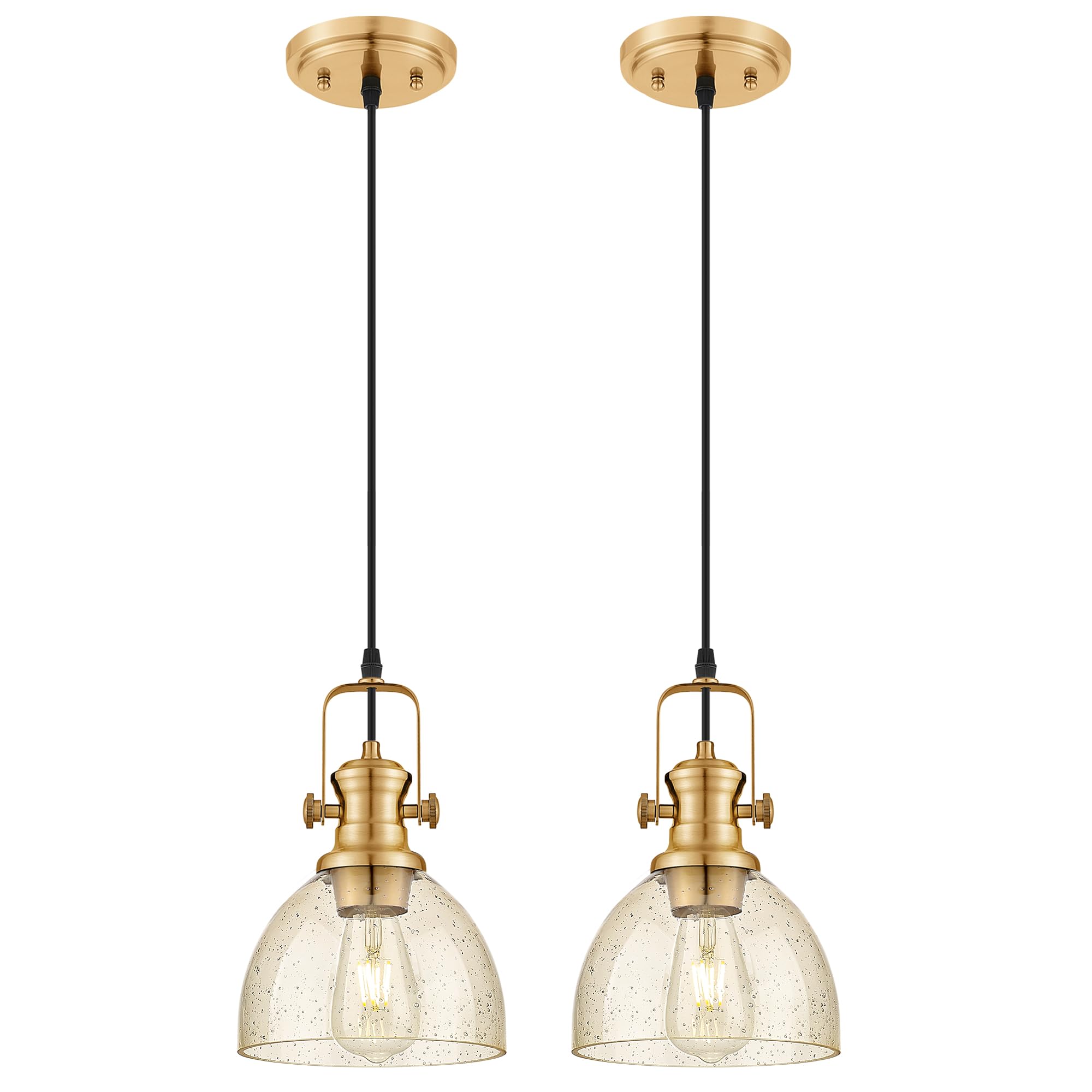 2-Pack 7.5" Brushed Gold Pendant Light Kitchen Island, Amber Shade