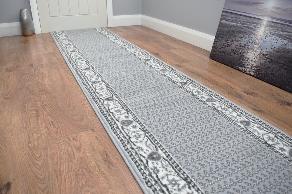 SrS Rugs® Luna Collection, Modern Long Carpet Runner Rug for Entrance Hall and Stairs. Smooth Soft 8mm Depth Pile. 70cm Wide (Border Traditional Grey, Length: 1' (30cm) SAMPLE) — image 1