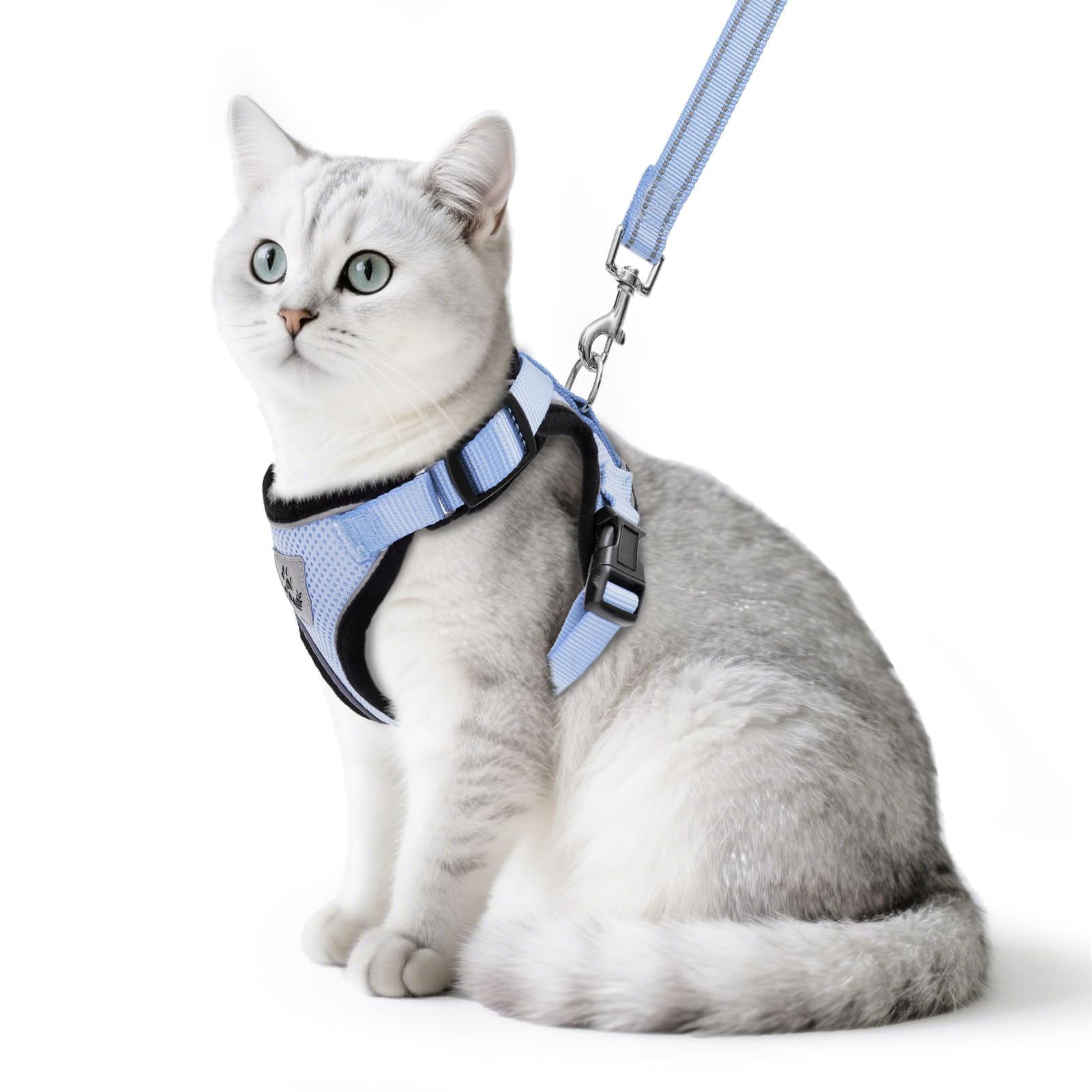 PUPTECK Cat Harness and Leash Set Escape Proof Reflective Cat Walking Harness Adjustable Soft Breathable Mesh Vest for Small Pets, Sky Blue, L