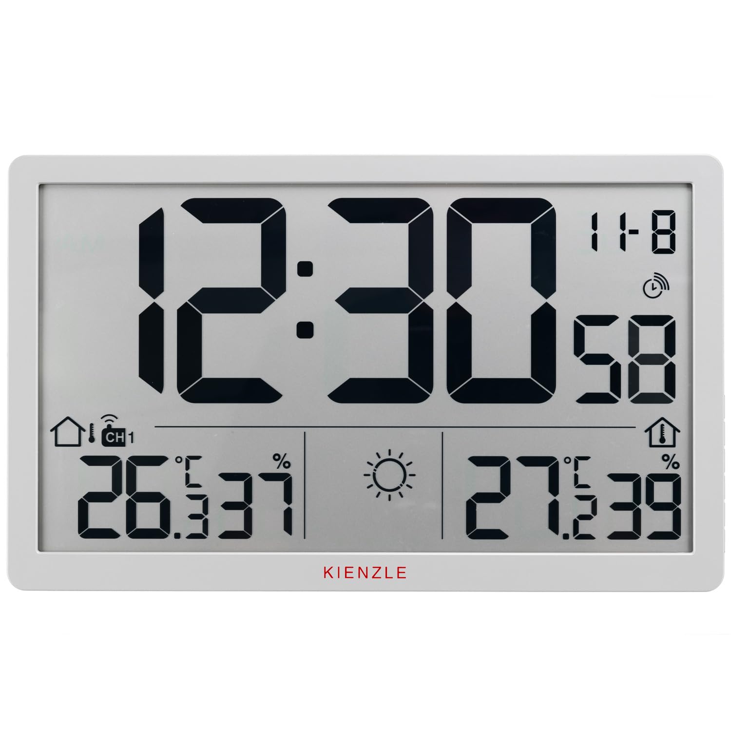 Kienzle Jumbo NEO LCD Wetter Wanduhr weiß mit XXL Display Außensensor | Innen und Außentemperatur, Luftfeuchtigkeit, Wettervorhersage, Luftdruck, DCF Zeit, Wecker, Max Min Speicher, 80 m