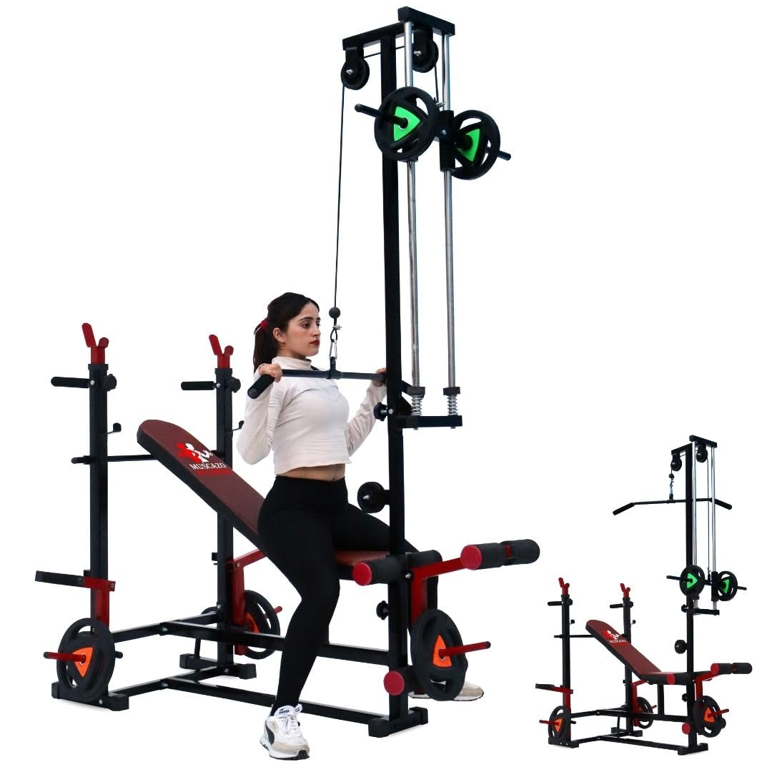 MUSCAZO FITNESS 20-in-1 All-in-One Bench Press Station for Home Gym with Lat Machine, Dip Bar, Leg Curl, and Adjustable Angles for Total Body Training-image-38