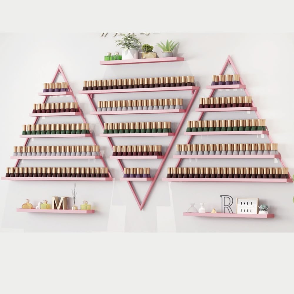 BANEBONE Elegant Gold Wall Mounted Nail Polish Rack - Set of 6 Triangular Cosmetic Display Shelves for Essential Oil Bottles, Organize Your Lipsticks