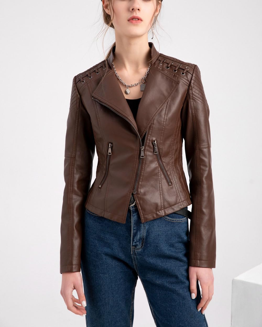 Women's classic faux leather zipper motorcycle jacket, with a turned-down collar and a fitted design