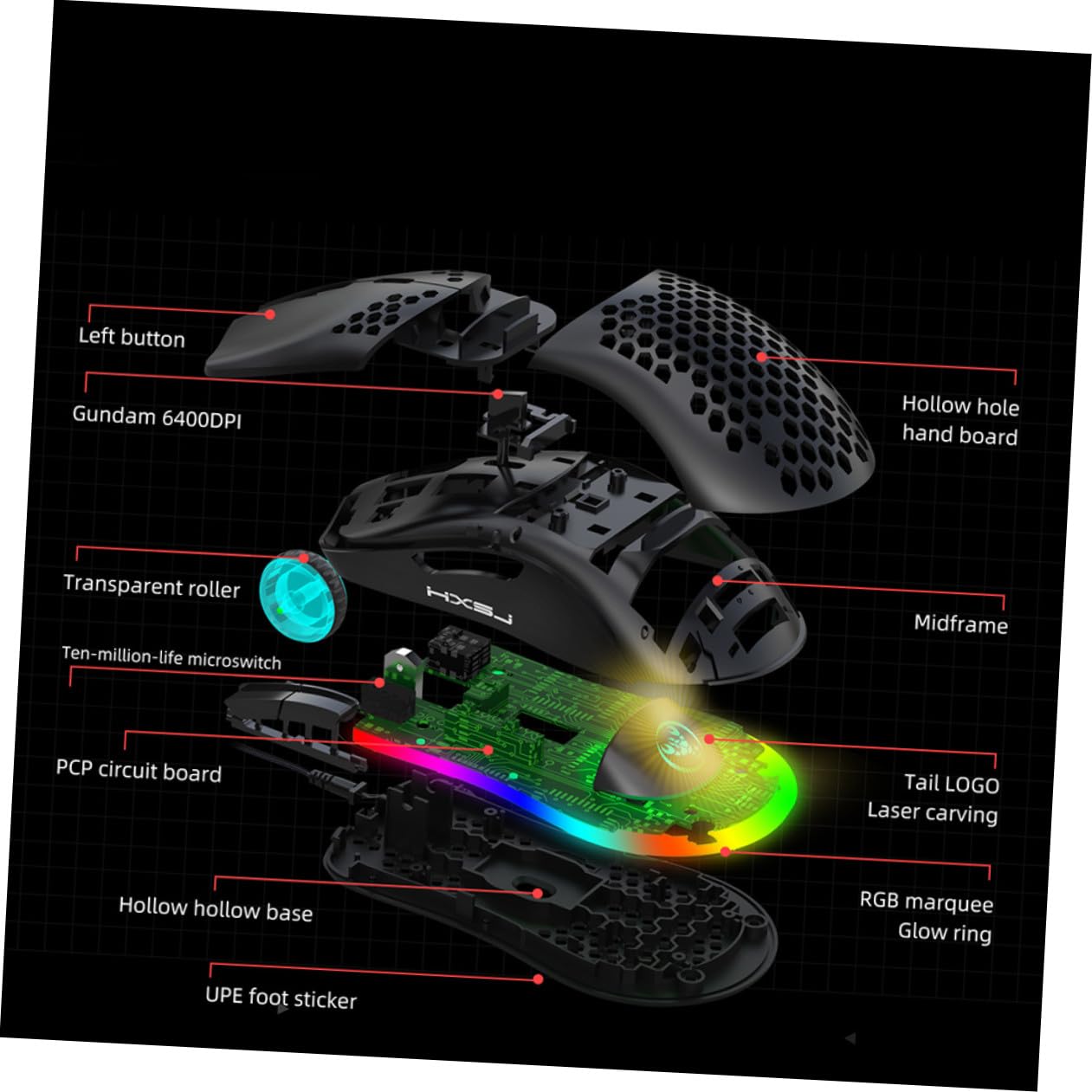 Mikikit Mouse da Gioco Rgb Design a Fori, 6 Tasti Programmabili, Dpi Regolabile Fino a 6400, Materiale Plastico, Luce Regolabile, per Uso Professionale