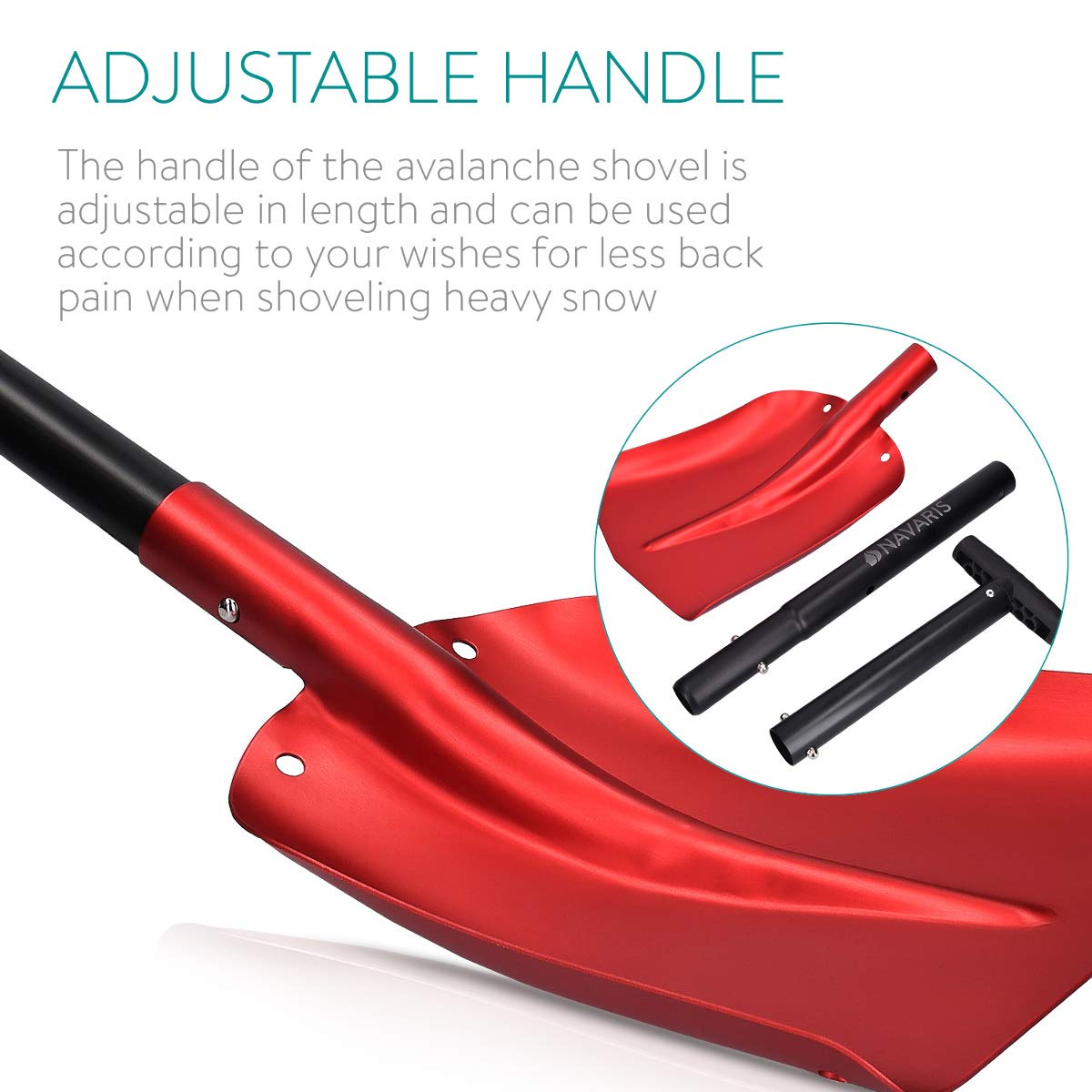 Navaris Pala da neve regolabile in alluminio 80cm - Vanga da giardino campeggio outdoor - Pala emergenza sopravvivenza auto con borsa - nero rosso