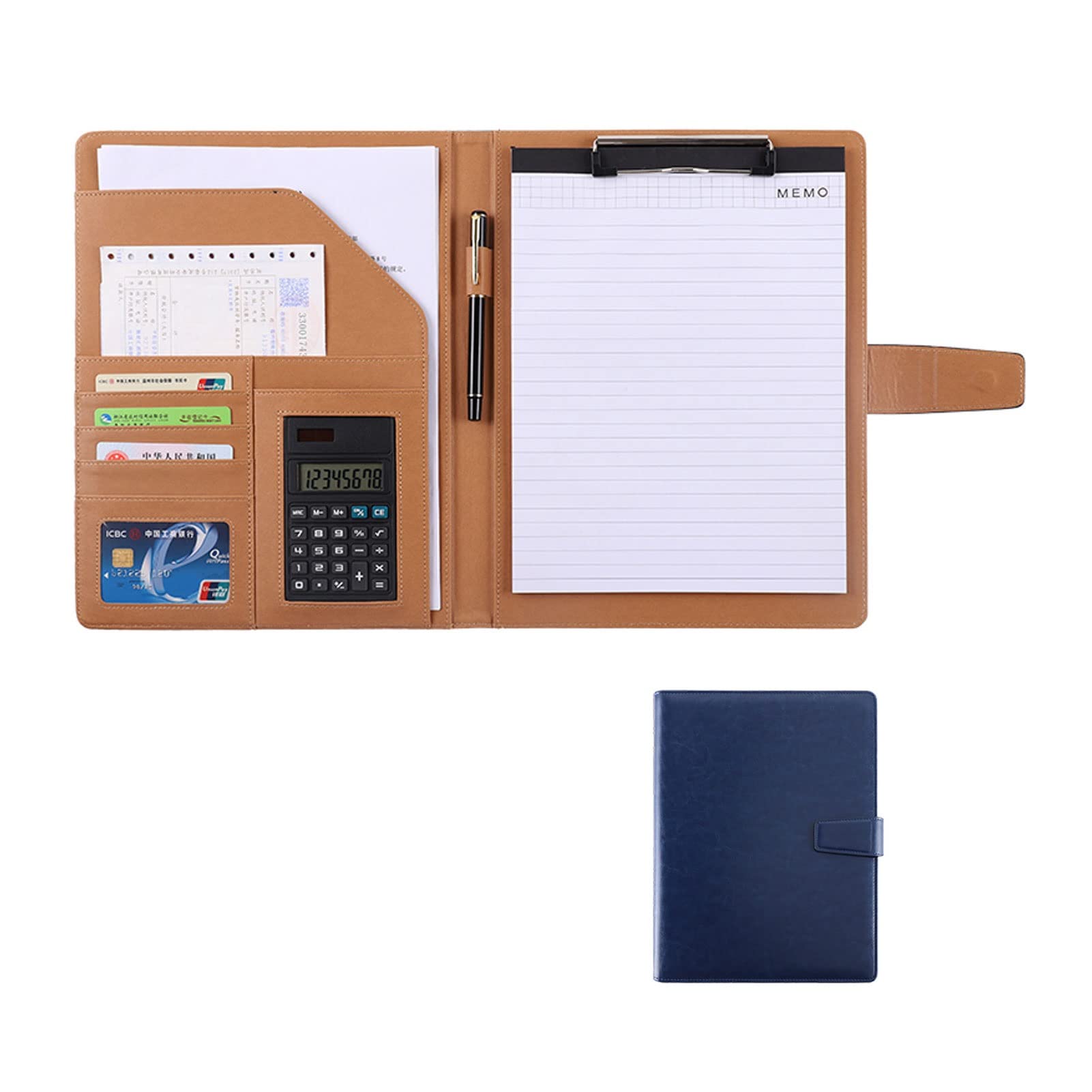 Folder en cuir porte-document A4 bleu organiseur de bureau à calculatrice