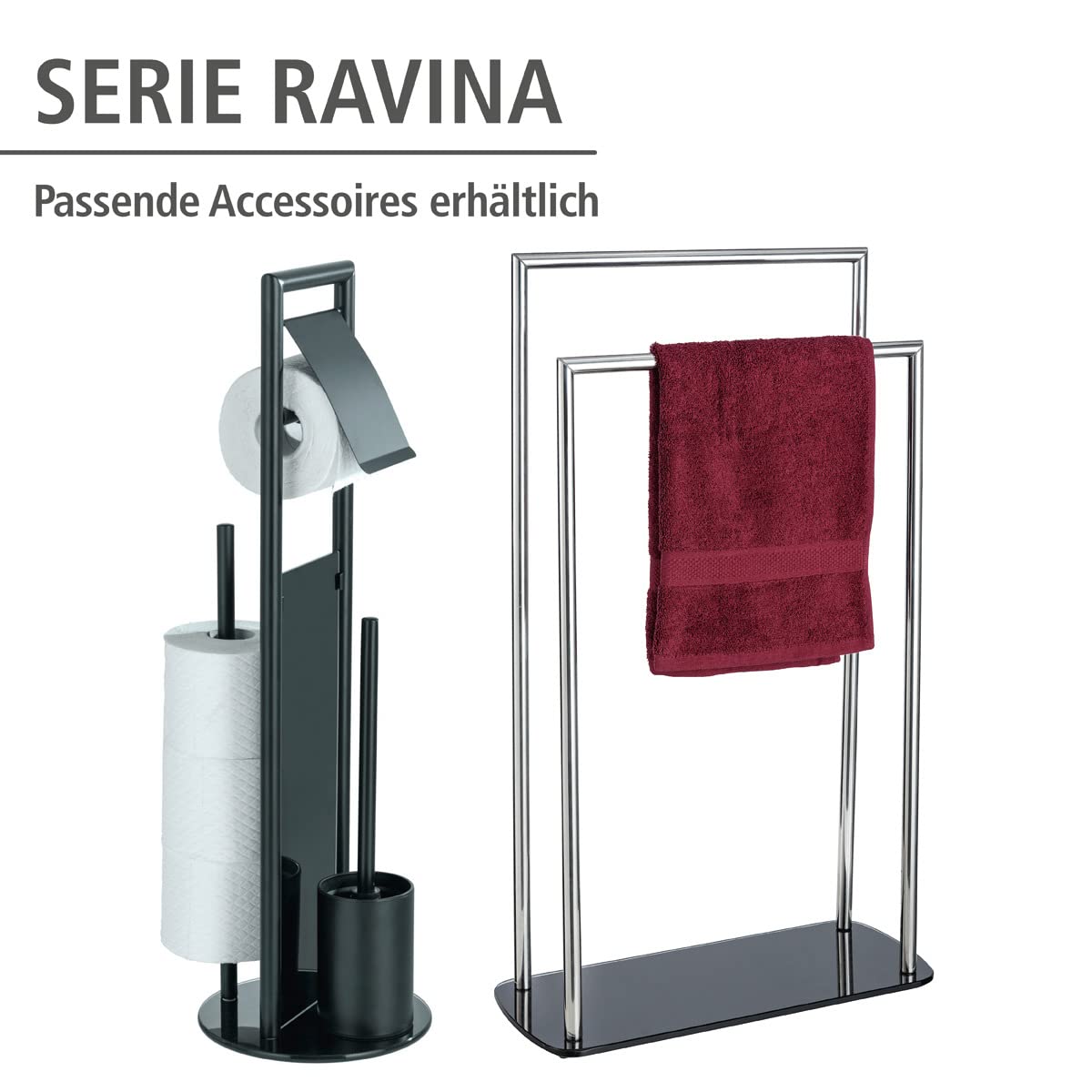 WENKO Stand WC-Garnitur Mod. Ravina 3-in-1 mit Toilettenpapierhalter und Bürstenhalter aus rostfreiem Edelstahl mit schwarzem Design Ø 20 x 70 cm schwarz