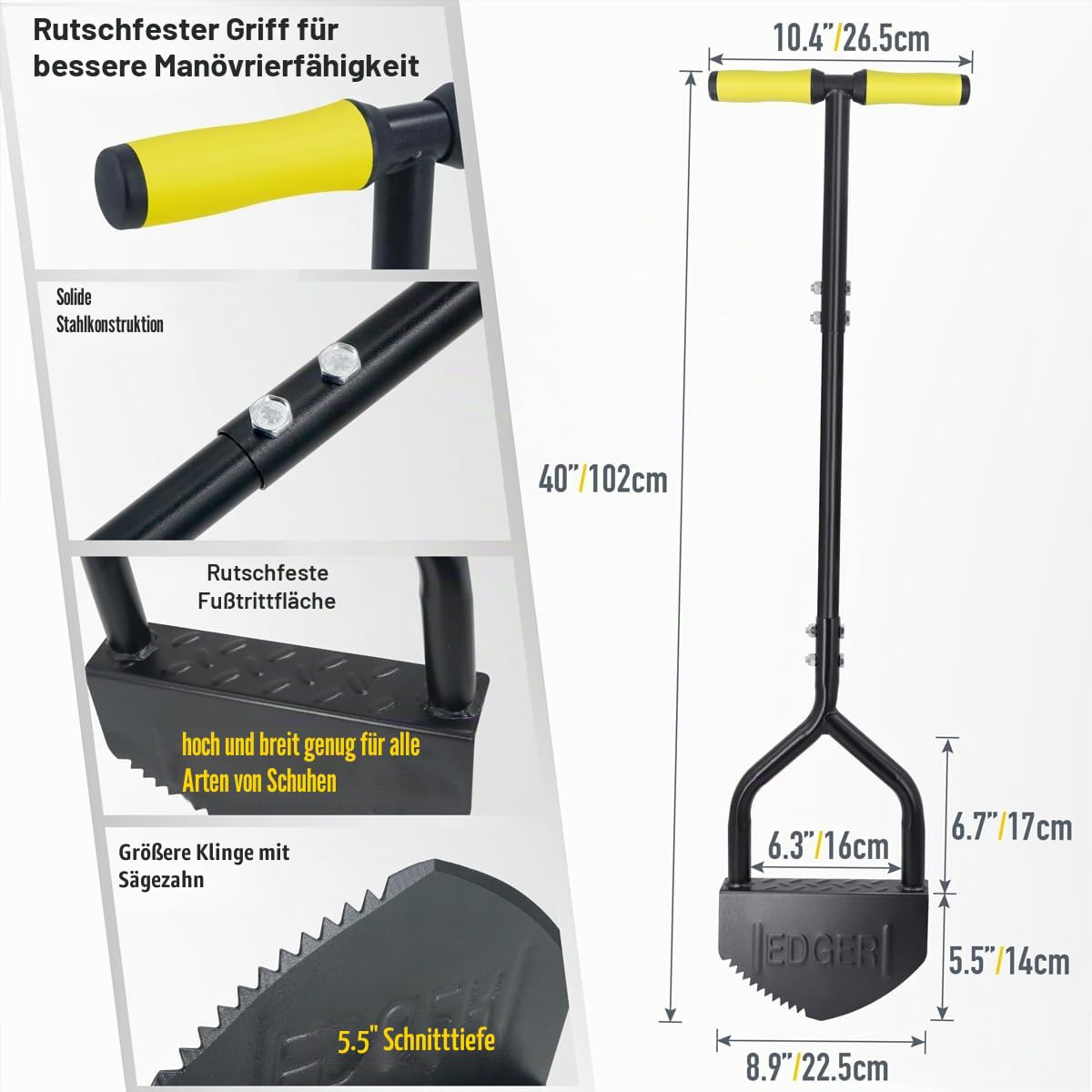 Colwelt Manuelles Rasenkantenwerkzeug, 102 cm, Halbmond-Rasenschleifer mit V-förmiger gezackter Klinge, massiver Stahl, Rasenkantenwerkzeug mit weichem T-Griff, Gartengraskantenschneider für Gehweg