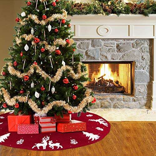 LOMOHOO Knitted Christmas Tree Skirt 48 inches 3D Knitted Tree Skirt Traditional Knit Luxury Thick Rustic Tree Skirts Xmas Holiday Christmas Decoration Indoor Outdoor (Red Knitted, 48 inches/122cm) - Thumbnail 6
