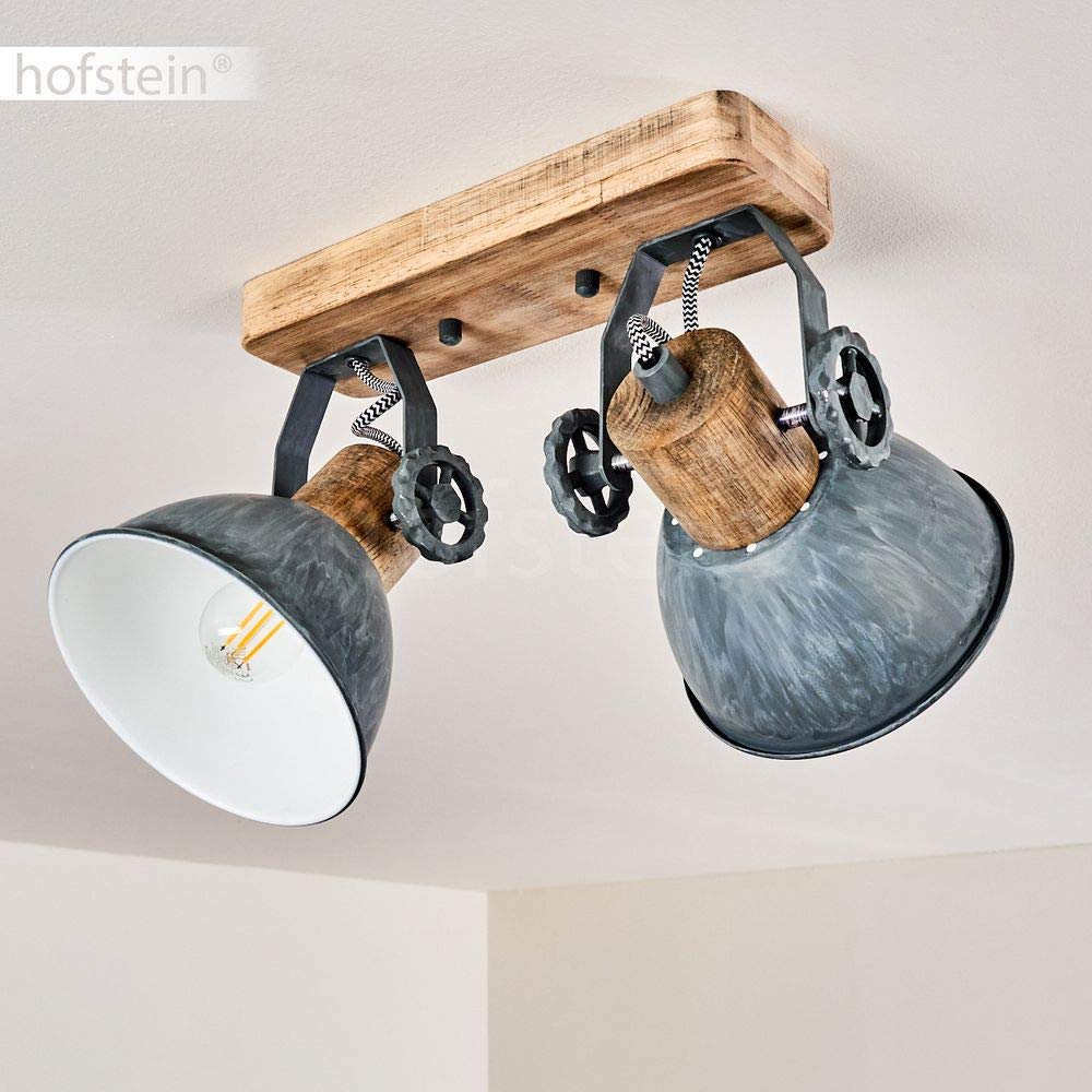 Plafoniera Orny, 2 luci, con faretti regolabili, lampada da soffitto in metallo/legno in grigio/bianco/marrone, 2 x attacco E27, faretto dal design retrò/vintage, senza lampadina/e